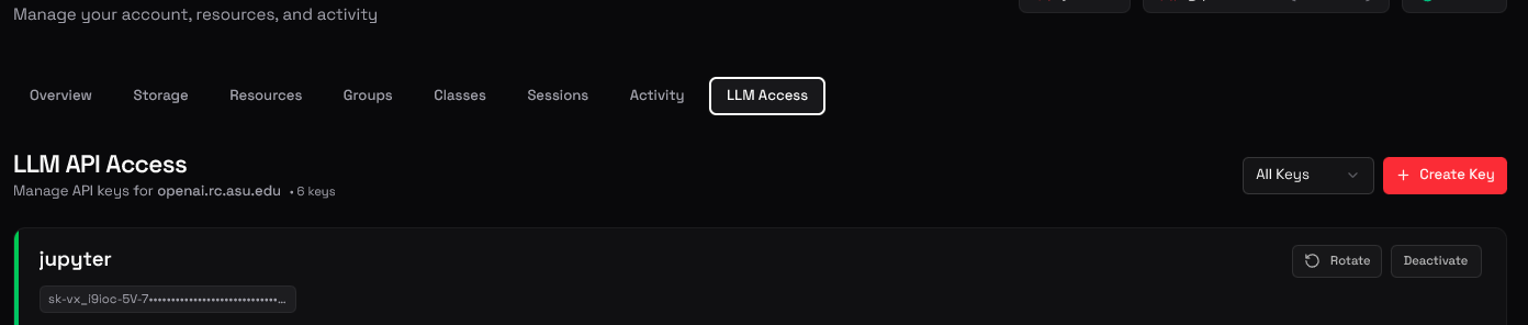 LLM Tab showing API key generation